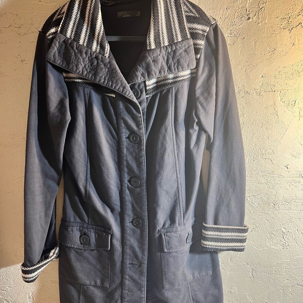 Prana Grey Coat with Striped Collar, stripe details at collar and cuffs, longer